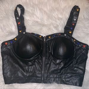 NWT Black faux leather Rhinestone bustier, size M
